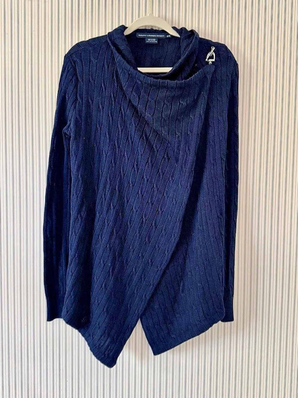 Ralph Lauren Sport Cable Knit Wrap Sweater Women’s Medium 100% Cotton Navy Blue